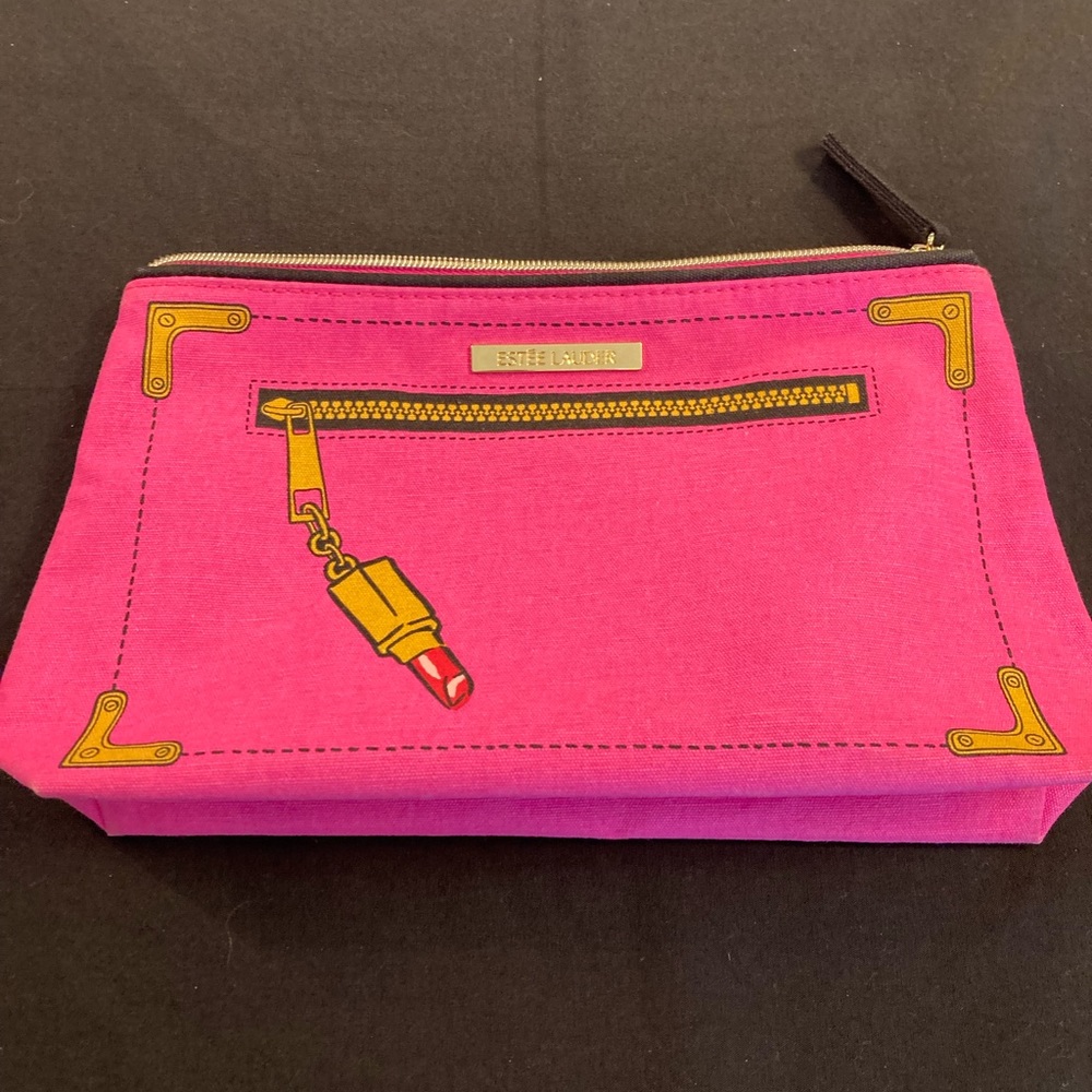 Estee Lauder Neon Pink makeup bag with lipstick & zipper print.